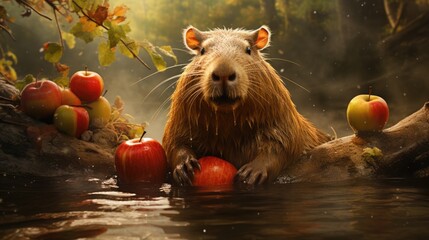 Capybara is a waterfowl. A capybara sits and enjoys in the hot water at the zoo and eats apples.