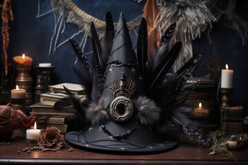 diy witch hat surrounded by black feathers and glue
