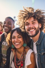 Smiling portrait of a diverse group of young friends in a music festival. Generative AI