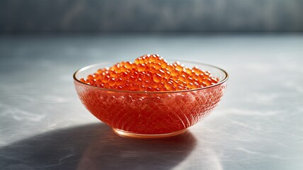 A close-up shot of a bowl filled with vibrant red trout caviar placed elegantly on a sleek concrete table in a modern minimalist setting, highlighting its exquisite texture and color.