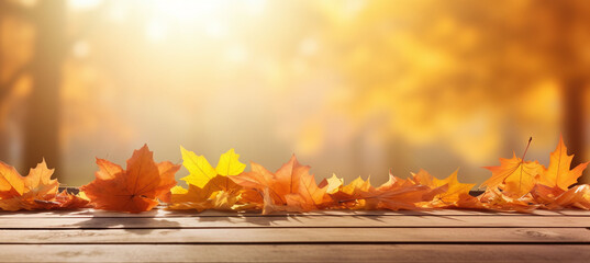 Background with autumn yellow leaves on a sunny day with a blurred background