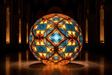 large illuminated ball adorned with geometric patterns