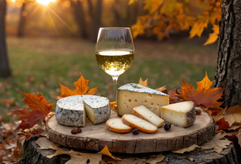 Plateau de fromage français et verre de vin blanc sur une souche d'arbre en forêt un soir d'automne