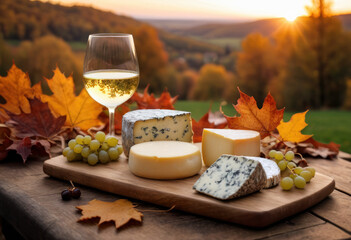 Plateau de fromage traditionnel et verre de vin blanc sur un plateau en bois en forêt un soir d'automne - obrazy, fototapety, plakaty