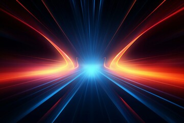 Abstract illustration of futuristic background with glowing lines forming tunnel on dark surface. Generative AI