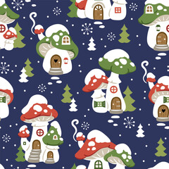 Seamless vector pattern with cute winter mushroom houses, snowflakes and snowy trees. Hand drawn  Christmas wallpaper design. Perfect for textile, wallpaper or nursery print design.