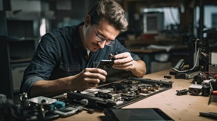 Young male technician repairing mobile phone - obrazy, fototapety, plakaty