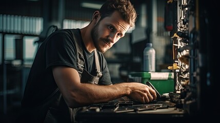 Young male technician repairing mobile phone - obrazy, fototapety, plakaty