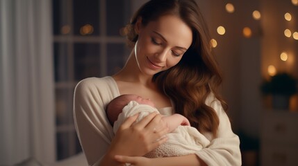 Loving mom carying of her newborn baby at home. Bright portrait of happy mum holding sleeping infant child on hands. Mother hugging her little 2 months old son