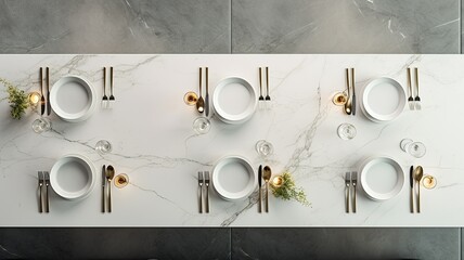 a pristine marble dining table, featuring neatly arranged white ceramic plates on stands, gleaming silverware, condiment bottles, and crisp napkins.