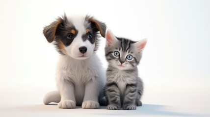 a curious puppy tenderly embracing a tiny kitten. Both pets gaze upwards in unison, their eyes filled with wonder and innocence, set against a clean white background.