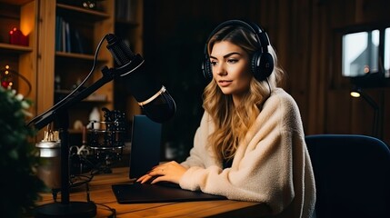 Young ethnic woman recording radio podcast - Millennial female content creator working from home studio - Creative people and freelancer lifestyle concept