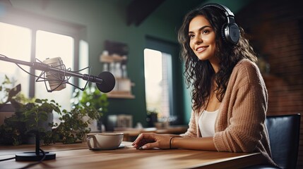 Young ethnic woman recording radio podcast - Millennial female content creator working from home studio - Creative people and freelancer lifestyle concept - obrazy, fototapety, plakaty