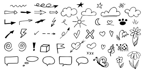 Fototapeta na wymiar Collection of pen line doodle element. Hand drawn style set of heart, flower, speech bubble, ladybugб cloud, arrow. Vector design for decoration, sticker, idol poster, social media.