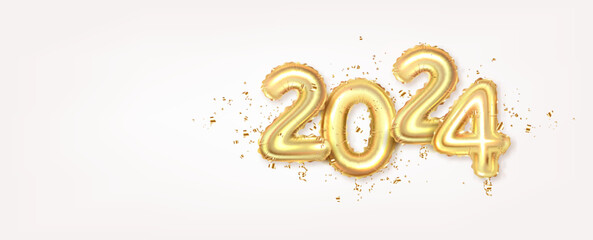 Happy New Year 2024. Golden realistic metallic balloons numbers with confetti.