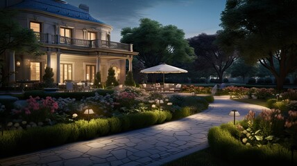 Obraz premium The marble tile deck glows with gentle lighting, leading the way to elegant flower beds and a well-kept lawn. The presence of a lamp and subtle outdoor lighting creates an idyllic atmosphere