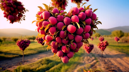 Heart-shaped apples hanging abundantly from the branches of the apple tree