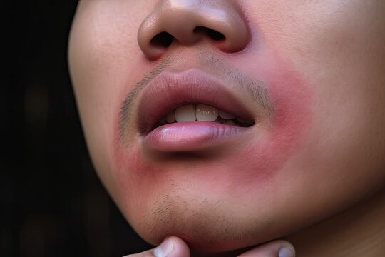Swelling at the cheek of Asian young man. Inflammation of parotid gland called parotitis. Mumps, Generative AI