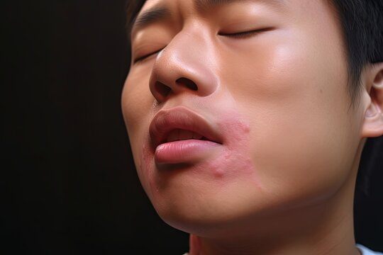 Swelling at the cheek of Asian young man. Inflammation of parotid gland called parotitis. Mumps, Generative AI