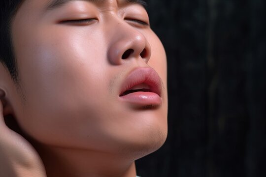 Swelling at the cheek of Asian young man. Inflammation of parotid gland called parotitis. Mumps, Generative AI