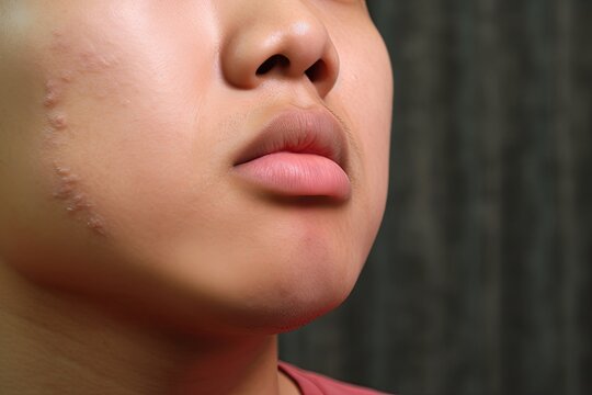 Swelling at the cheek of Asian young man. Inflammation of parotid gland called parotitis. Mumps, Generative AI