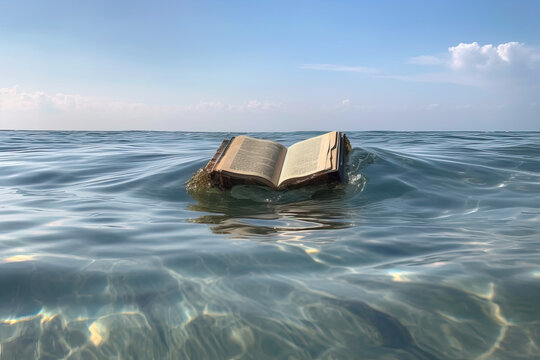 A lone open book floats on the waves of the ocean, pages on the sea