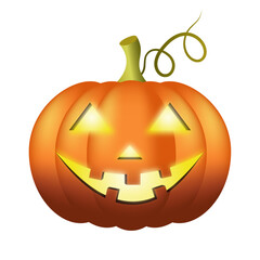 Jack o'lantern. A vector gradient pumpkin with a luminous smiling face, and with a green curl on the white background.