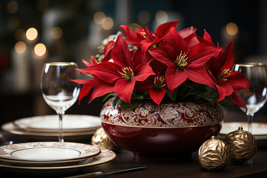 A beautifully set dining table adorned with fine china and a centerpiece of poinsettias. Generative Ai.