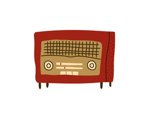 Vintage radio receiver in red. Retro technique. Hand-drawn doodle illustration.