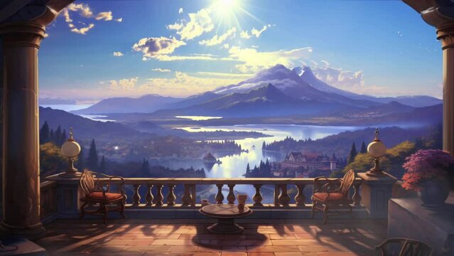 Beautiful sky fantasy landscape from the balcony of the house with city and village view. animation cartoon style video art design