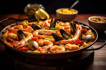 Typical Spanish food Paella on granite background