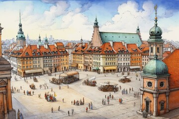 Hand-drawn sketch of Warsaw's Castle Square. Generative AI - obrazy, fototapety, plakaty