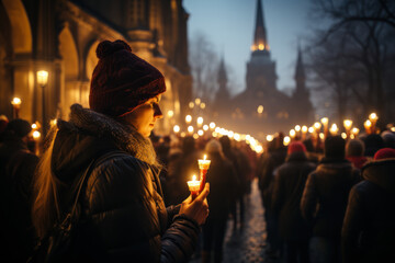 A candlelit vigil at churches across Poland, fostering a sense of unity and reflection. Generative Ai. - obrazy, fototapety, plakaty