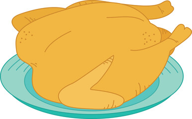 Colorful illustration of a fried chicken or turkey on a plate. Vector picture isolated on white background.	