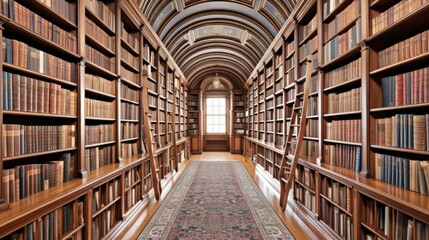 A long hallway in a library filled with lots of books. AI.