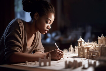 Fototapeta premium young african-american woman working with architectural model