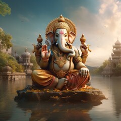 Lord ganesha sculpture on river with temple and sky background.