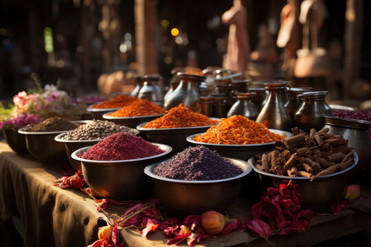 A traditional spice market in Marrakech, Morocco, with a kaleidoscope of fragrant spices and herbs. Concept of culinary delights in the Near East. Generative Ai.