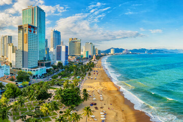 View of Nha Trang Bay with beautiful colors of water in Vietnam