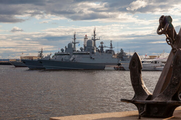Russian warships are anchored in a sea bay