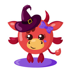 Funny cute kawaii Halloween cow with witch hat in flat design with shadows. Isolated animal vector illustration