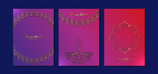 Fototapeta premium Happy Diwali Festival of Lights India Celebration set colorful template. Vertical banner design of Indian Diya Oil Lamps, Modern Design in vibrant color. Vector Indian art style, luxury background