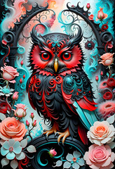 abstract art illustration of an owl framed by roses, generative ai