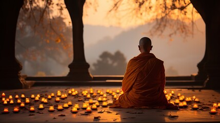 Buddhist monk from back sitting in meditation - obrazy, fototapety, plakaty