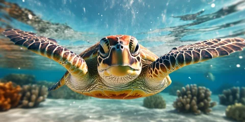 Poster Portrait of a Sea Turtle Swimming in the Sea © Resdika