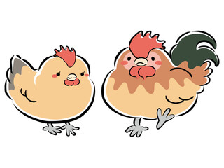 つがいの名古屋コーチン（ニワトリ）のイラスト（雄・雌）