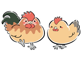 つがいの名古屋コーチン（ニワトリ）のイラスト（雄・雌）