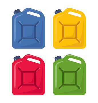 Set of Jerrycans. Canisters for petrol, gasoline and engine oil. Vector illustration.