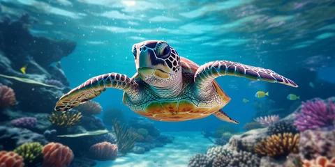 Rolgordijnen Portrait of a Sea Turtle Swimming in the Sea © Resdika