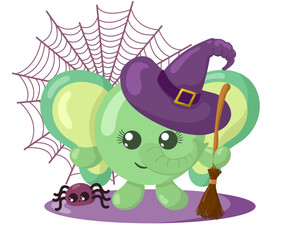 Funny cute kawaii Halloween elephant with witch hat, spider web, broom and spider in flat design with shadows. Isolated animal vector illustration	